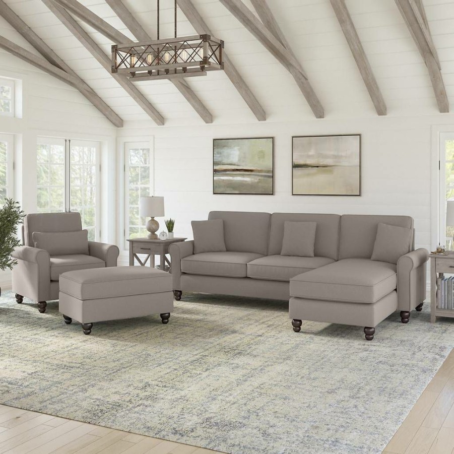 Living & Family Room Furniture * | Promotions Bush Furniture Hudson 102W Sectional Couch With Reversible Chaise Lounge, Accent Chair, And Ottoman In Beige Herringbone Bush Furniture Hdn021Bgh