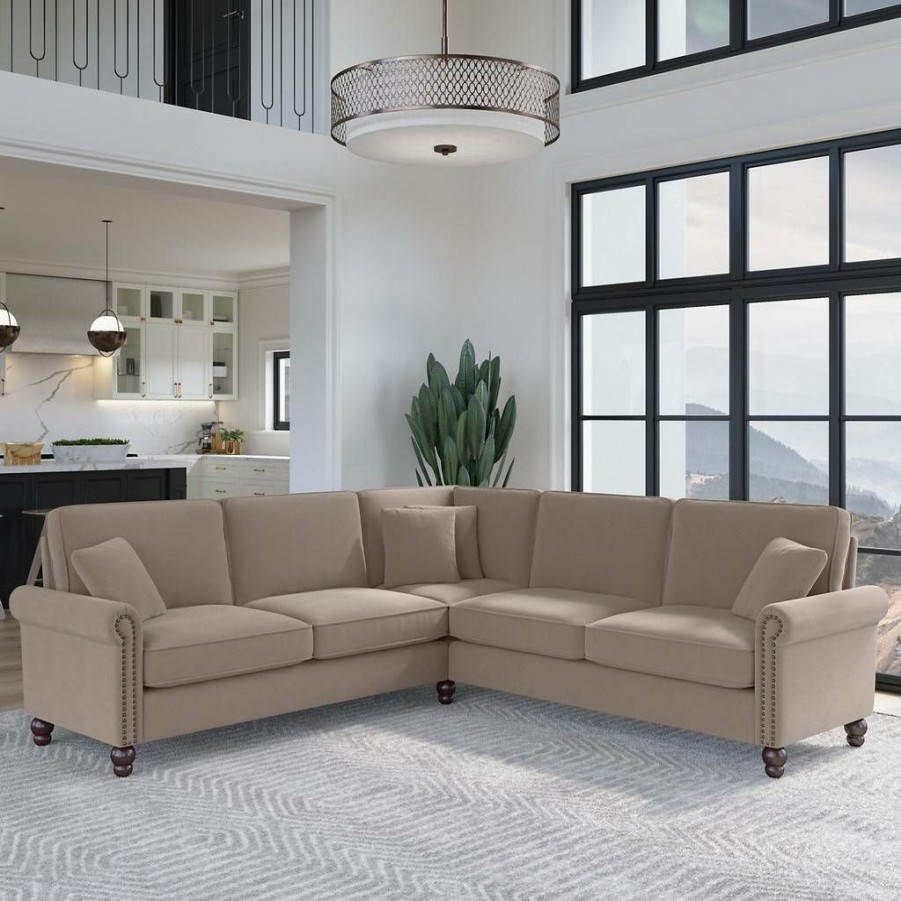 Living & Family Room Furniture * | Clearance Sale Bush Furniture Coventry 99W L Shaped Sectional Couch In Tan Microsuede Bush Furniture Cvy98Btnm-03K