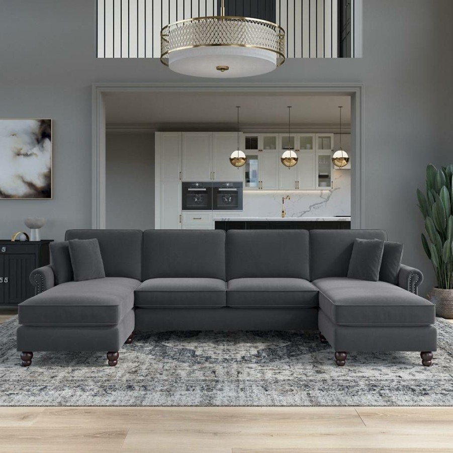 Living & Family Room Furniture * | With Discount Bush Furniture Coventry 131W Sectional Couch With Double Chaise Lounge In Dark Gray Microsuede Bush Furniture Cvy130Bdgm-03K