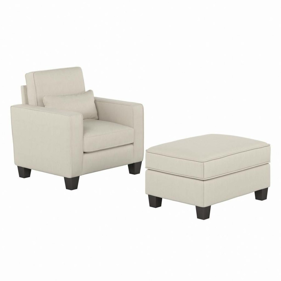 Living & Family Room Furniture * | Special Offers Stockton Accent Chair W/ Ottoman Set In Cream Herringbone Bush Furniture Skt010Crh