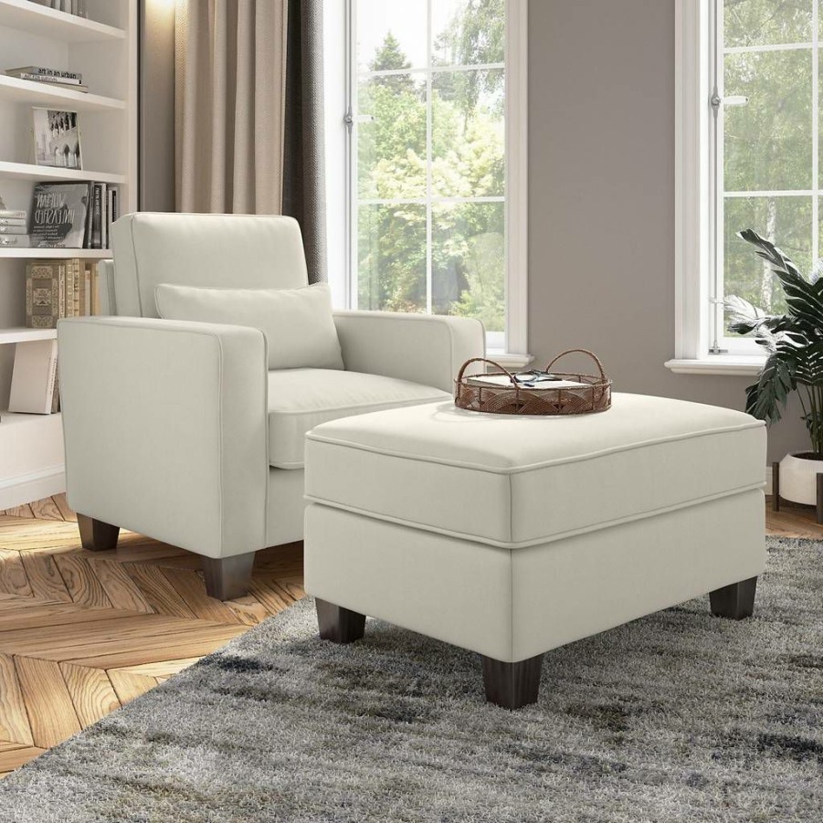 Living & Family Room Furniture * | Special Offers Stockton Accent Chair W/ Ottoman Set In Cream Herringbone Bush Furniture Skt010Crh