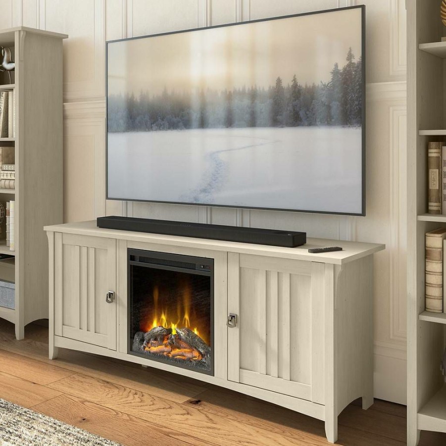 Living & Family Room Furniture * | Quick Delivery Bush Furniture Salinas Electric Fireplace Tv Stand For 70 Inch Tv In Antique White Bush Furniture Sal056Aw