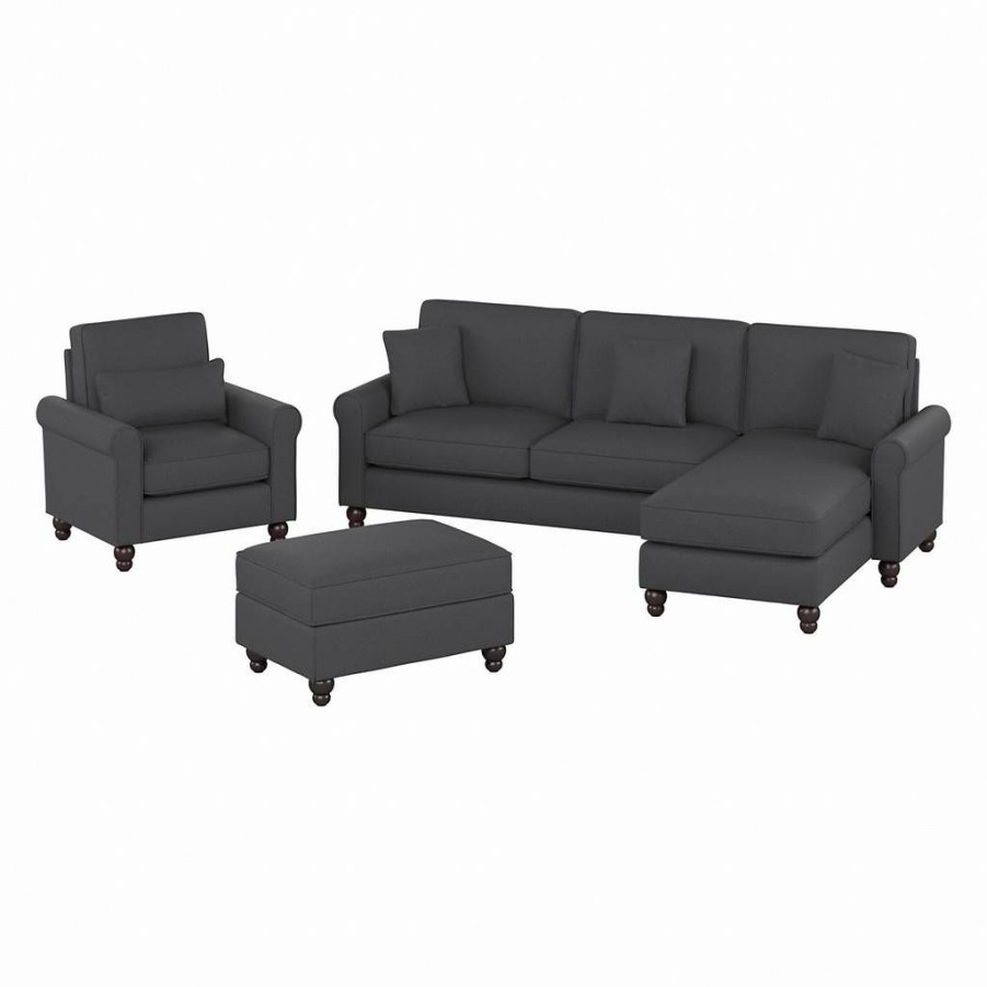 Living & Family Room Furniture * | Clearance Sale Bush Furniture Hudson 102W Sectional Couch With Reversible Chaise Lounge, Accent Chair, And Ottoman In Charcoal Gray Herringbone Bush Furniture Hdn021Cgh