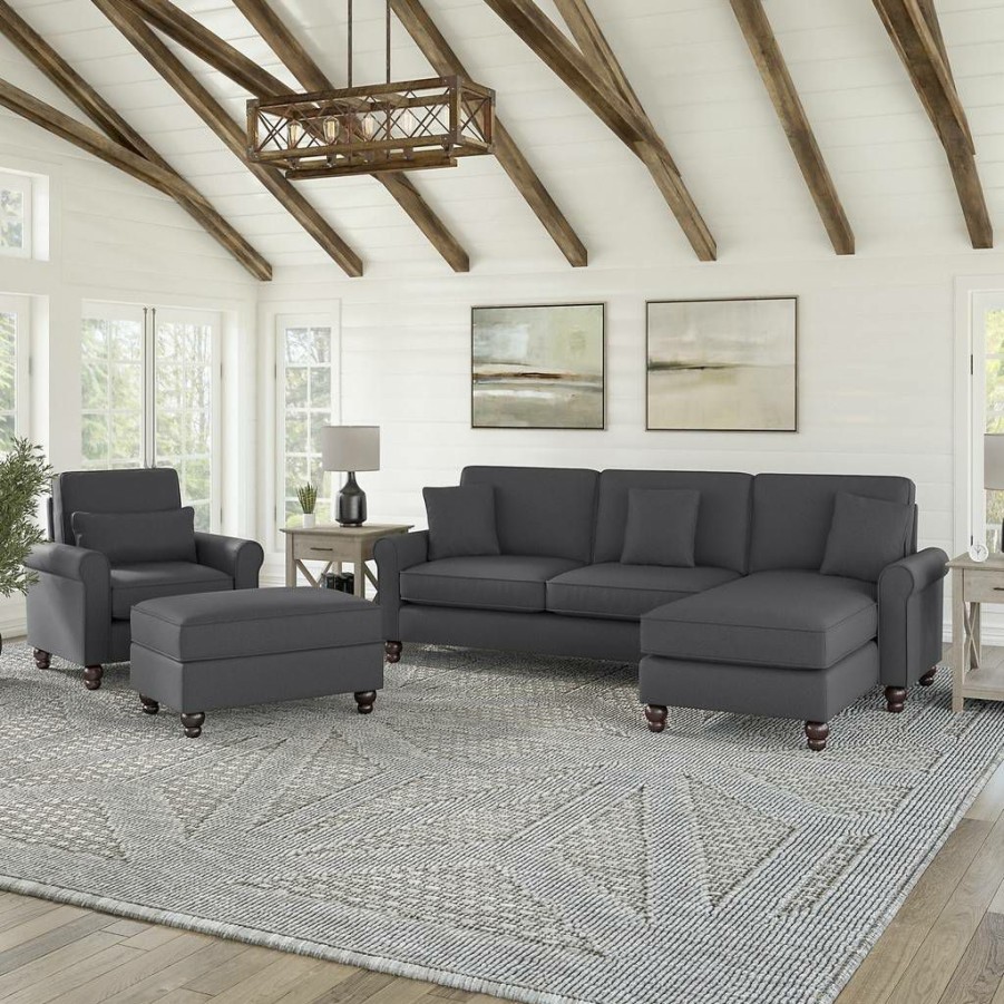 Living & Family Room Furniture * | Clearance Sale Bush Furniture Hudson 102W Sectional Couch With Reversible Chaise Lounge, Accent Chair, And Ottoman In Charcoal Gray Herringbone Bush Furniture Hdn021Cgh