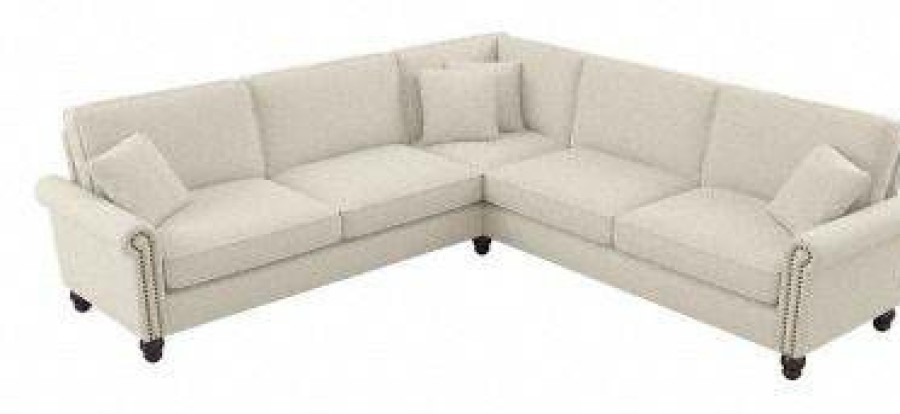 Living & Family Room Furniture * | Best Sale Bush Furniture Coventry 99W L Shaped Sectional Couch In Cream Herringbone Bush Furniture Cvy98Bcrh-03K