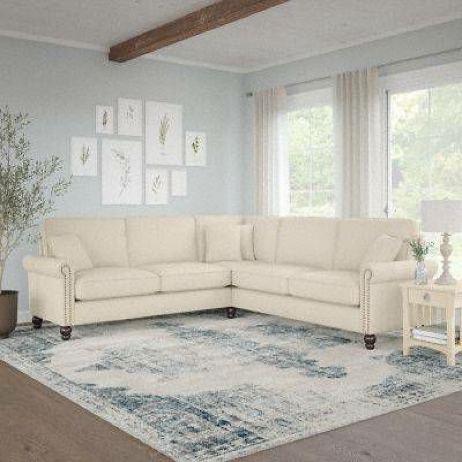 Living & Family Room Furniture * | Best Sale Bush Furniture Coventry 99W L Shaped Sectional Couch In Cream Herringbone Bush Furniture Cvy98Bcrh-03K