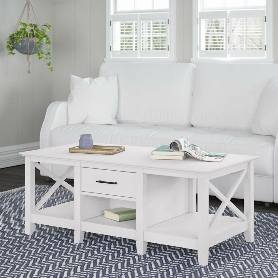 Living & Family Room Furniture * | Hot Sell Key West Coffee Table With Storage In Pure White Oak Bush Furniture Kwt148Wt-03