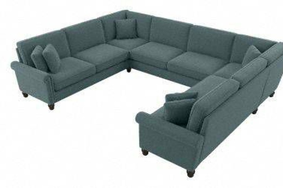 Living & Family Room Furniture * | Best Sale Bush Furniture Coventry 125W U Shaped Sectional Couch In Turkish Blue Herringbone Bush Furniture Cvy123Btbh-03K