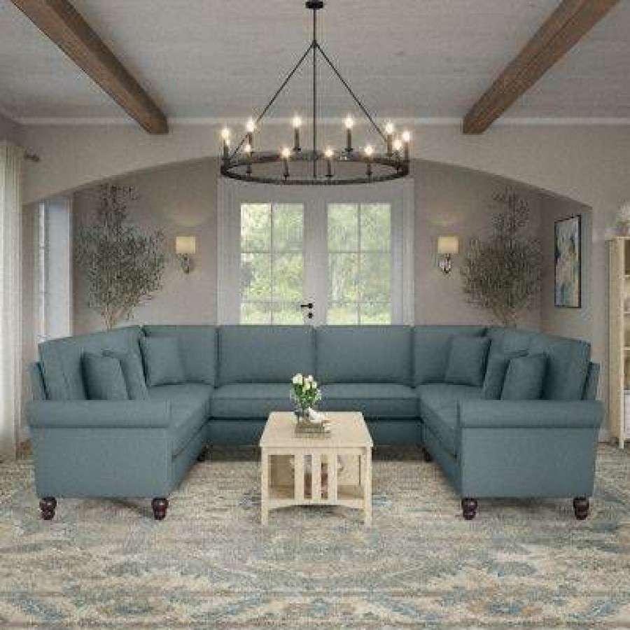 Living & Family Room Furniture * | Best Sale Bush Furniture Coventry 125W U Shaped Sectional Couch In Turkish Blue Herringbone Bush Furniture Cvy123Btbh-03K