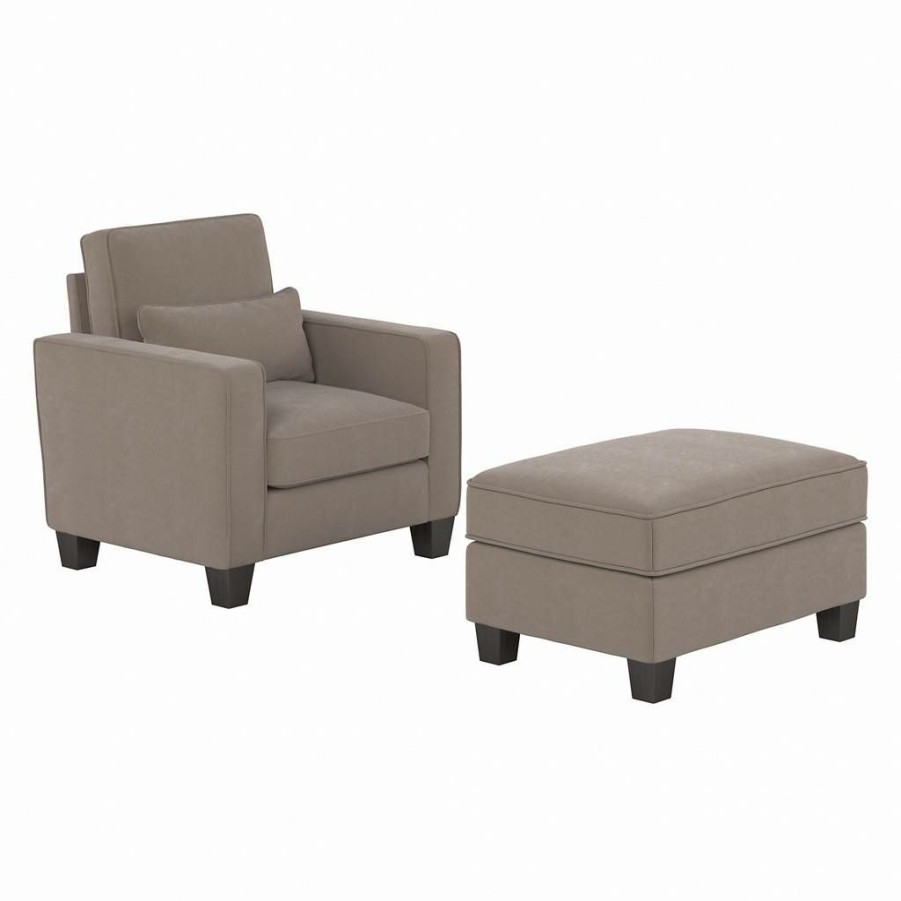 Living & Family Room Furniture * | Featured Stockton Accent Chair W/ Ottoman Set In Tan Microsuede Bush Furniture Skt010Tnm