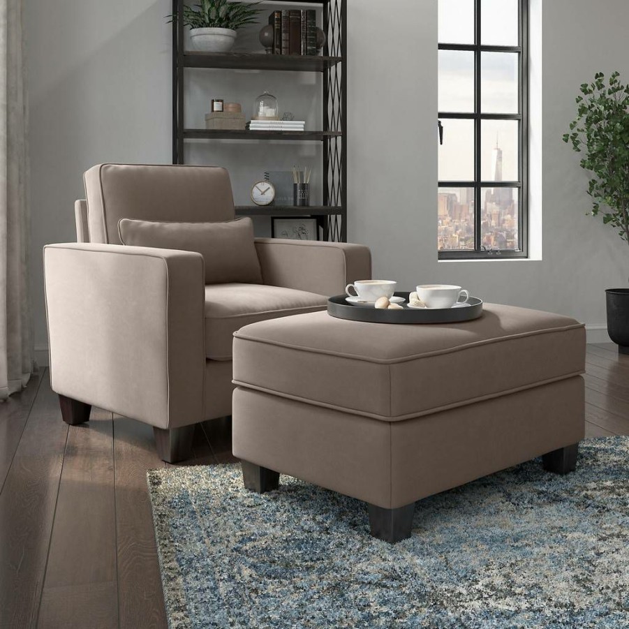 Living & Family Room Furniture * | Featured Stockton Accent Chair W/ Ottoman Set In Tan Microsuede Bush Furniture Skt010Tnm