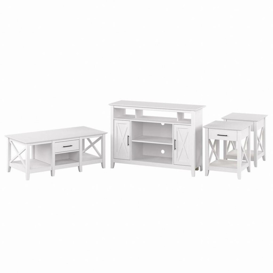 Living & Family Room Furniture * | Classical Bush Furniture Key West Tall Tv Stand For 55 Inch Tv With Coffee Table And End Tables In Pure White Oak Bush Furniture Kws071Wt