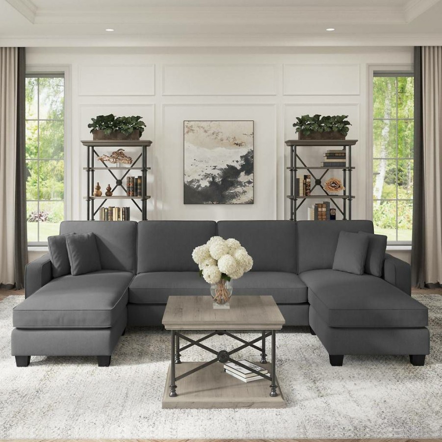 Living & Family Room Furniture * | With Discount Bush Furniture Stockton 130W Sectional Couch With Double Chaise Lounge In Charcoal Gray Herringbone Sny130Scgh-03K