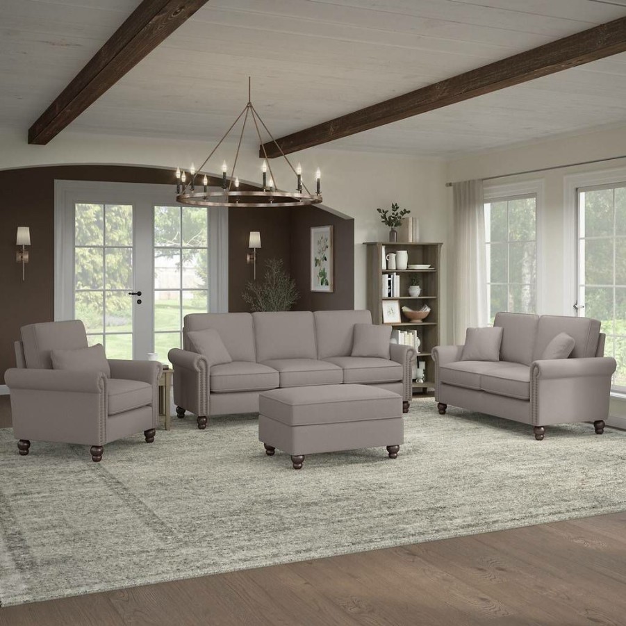 Living & Family Room Furniture * | Clearance Sale Bush Furniture Coventry 85W Sofa With Loveseat, Accent Chair, And Ottoman In Beige Herringbone Bush Furniture Cvn020Bgh