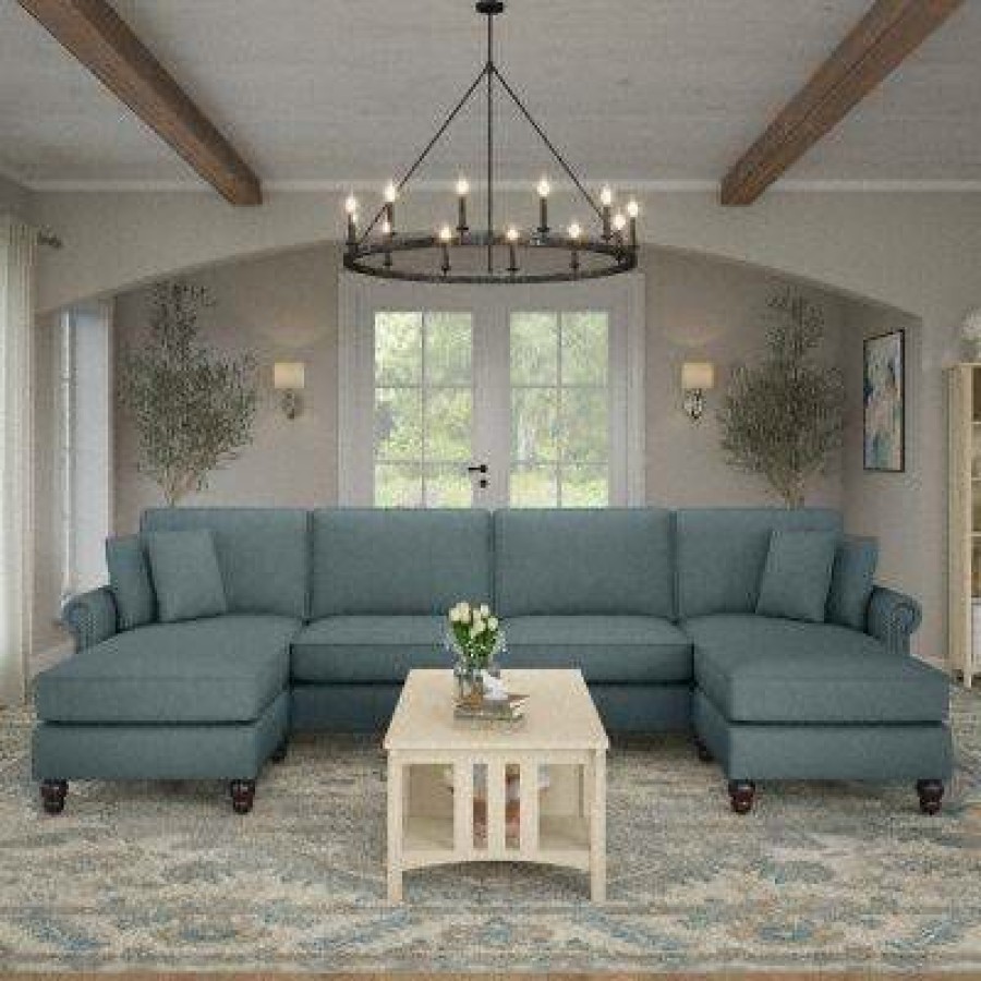 Living & Family Room Furniture * | With Discount Bush Furniture Coventry 131W Sectional Couch With Double Chaise Lounge In Turkish Blue Herringbone Bush Furniture Cvy130Btbh-03K