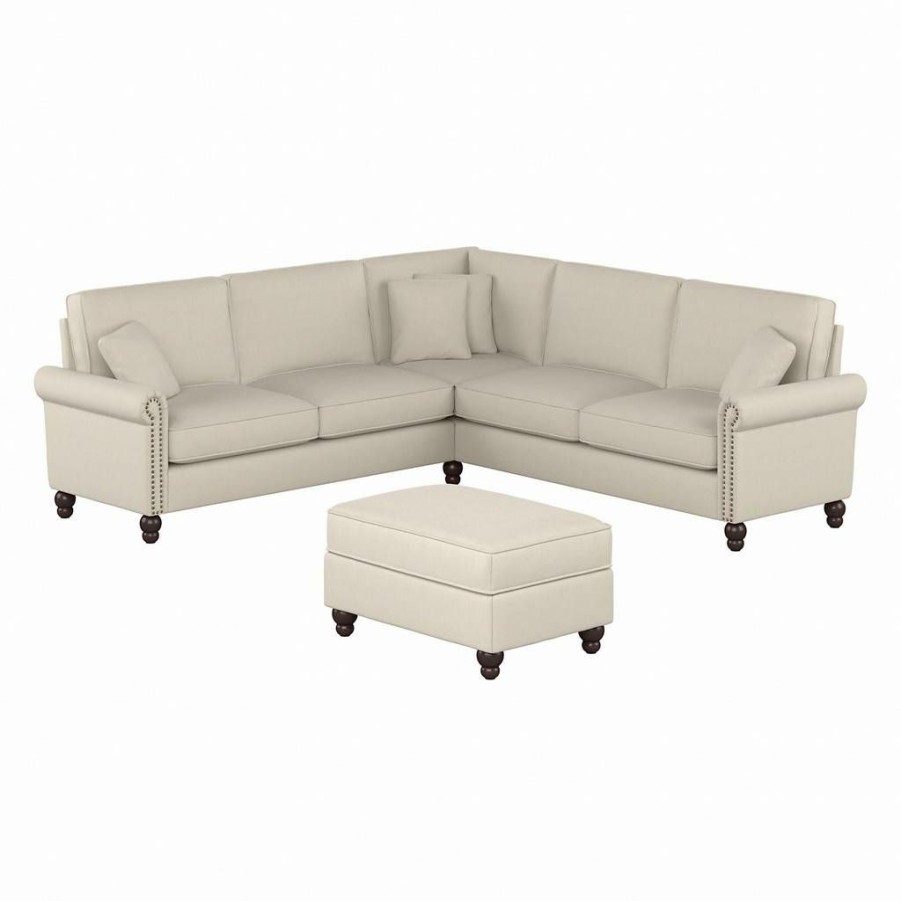 Living & Family Room Furniture * | Classical Bush Furniture Coventry 99W L Shaped Sectional Couch With Ottoman In Cream Herringbone Bush Furniture Cvn003Crh