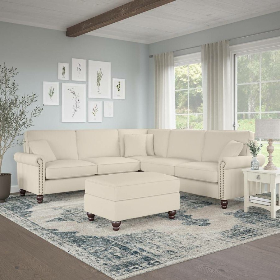 Living & Family Room Furniture * | Classical Bush Furniture Coventry 99W L Shaped Sectional Couch With Ottoman In Cream Herringbone Bush Furniture Cvn003Crh