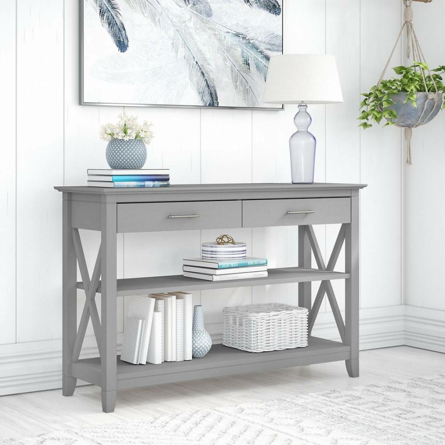 Living & Family Room Furniture * | Quick Delivery Bush Furniture Key West Console Table With Drawers And Shelves In Cape Cod Gray Bush Furniture Kwt248Cg-03