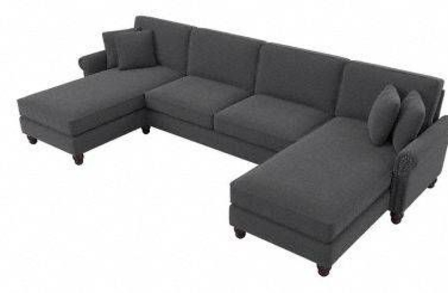 Living & Family Room Furniture * | Exclusive Design Bush Furniture Coventry 131W Sectional Couch With Double Chaise Lounge In Charcoal Gray Herringbone Bush Furniture Cvy130Bcgh-03K