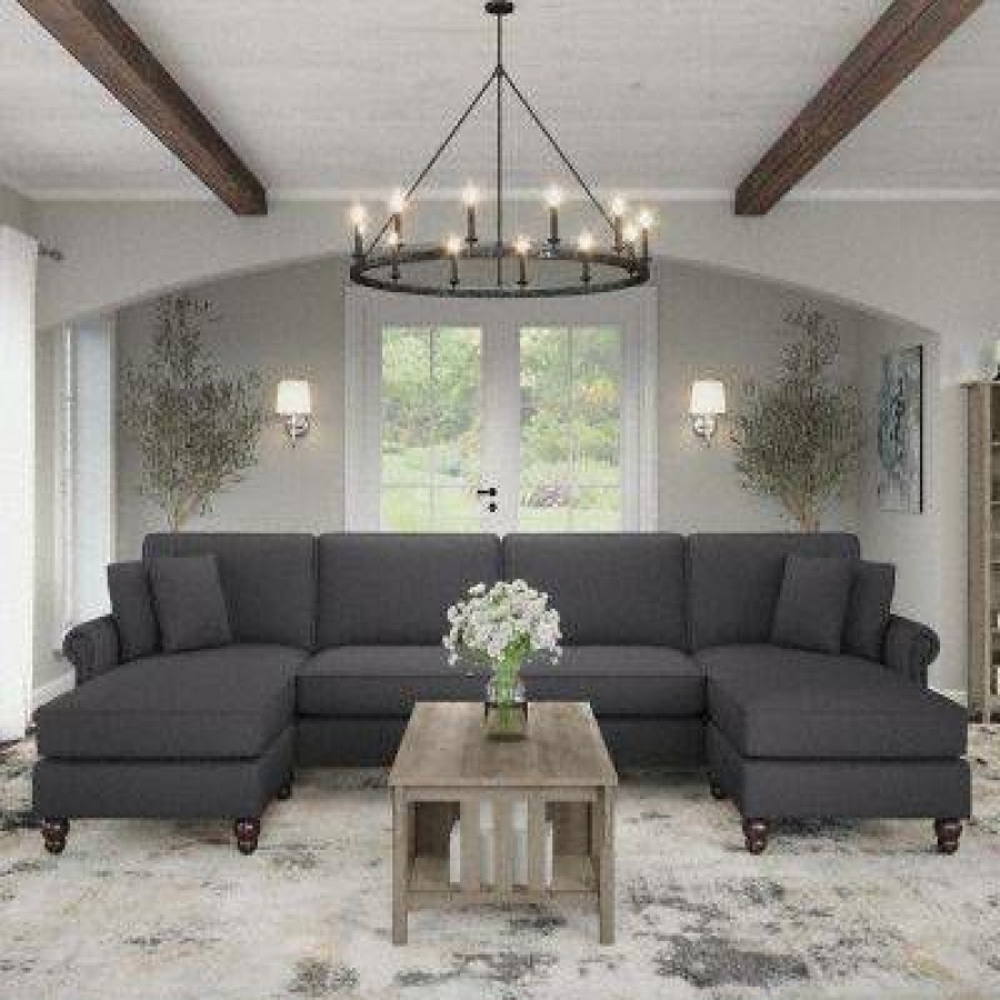 Living & Family Room Furniture * | Exclusive Design Bush Furniture Coventry 131W Sectional Couch With Double Chaise Lounge In Charcoal Gray Herringbone Bush Furniture Cvy130Bcgh-03K