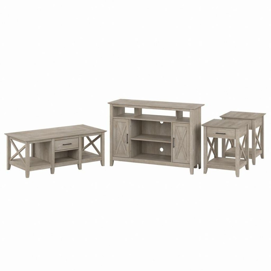 Living & Family Room Furniture * | Hot Sell Bush Furniture Key West Tall Tv Stand For 55 Inch Tv With Coffee Table And End Tables In Washed Gray Bush Furniture Kws071Wg