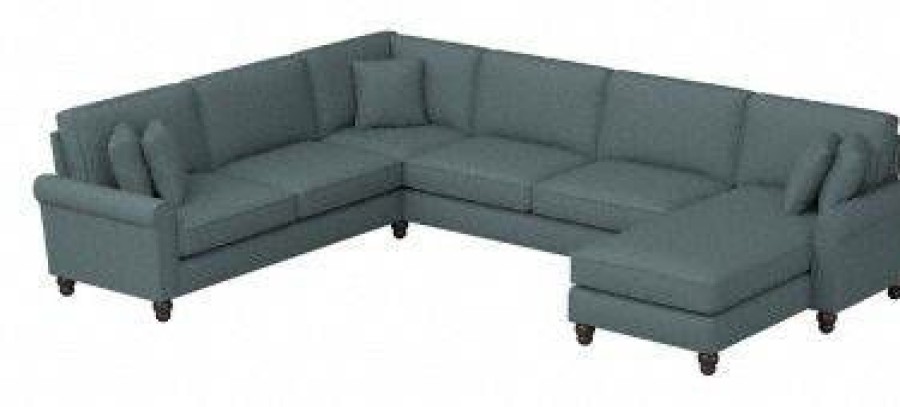 Living & Family Room Furniture * | Quick Delivery Bush Furniture Hudson 128W U Shaped Sectional Couch With Reversible Chaise Lounge In Turkish Blue Herringbone Bush Furniture Hdy127Btbh-03K