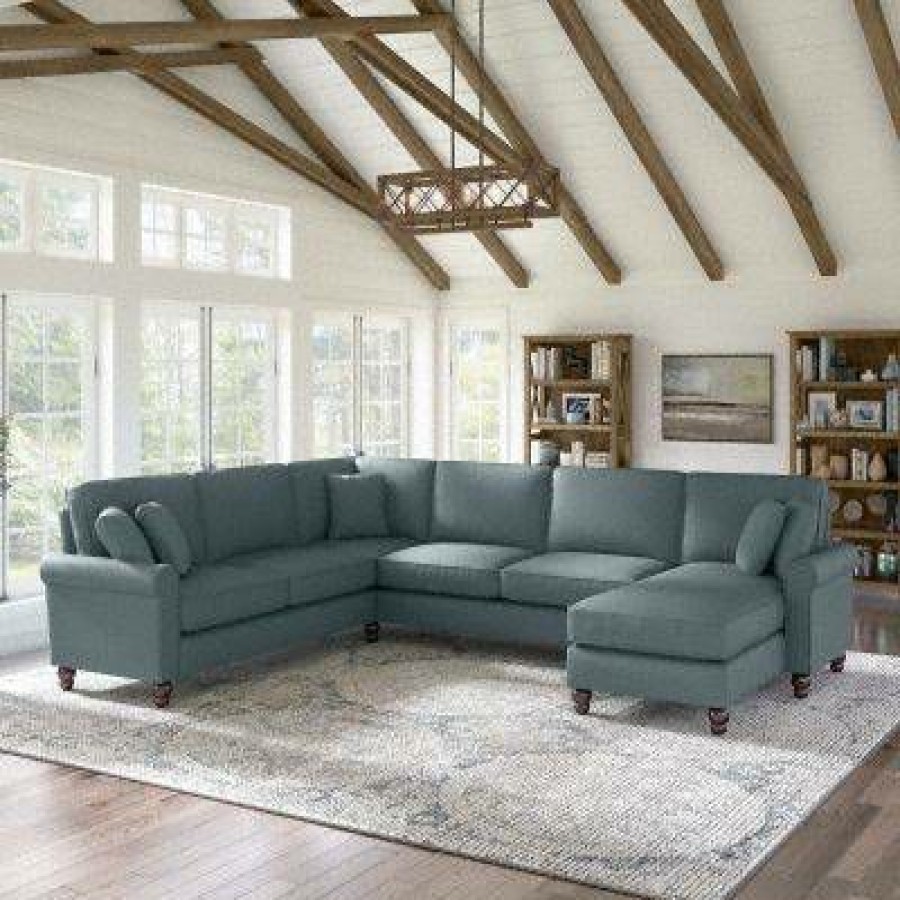 Living & Family Room Furniture * | Quick Delivery Bush Furniture Hudson 128W U Shaped Sectional Couch With Reversible Chaise Lounge In Turkish Blue Herringbone Bush Furniture Hdy127Btbh-03K