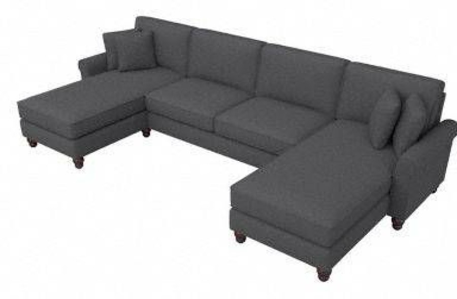 Living & Family Room Furniture * | Quick Expedition Bush Furniture Hudson 131W Sectional Couch With Double Chaise Lounge In Charcoal Gray Herringbone Bush Furniture Hdy130Bcgh-03K