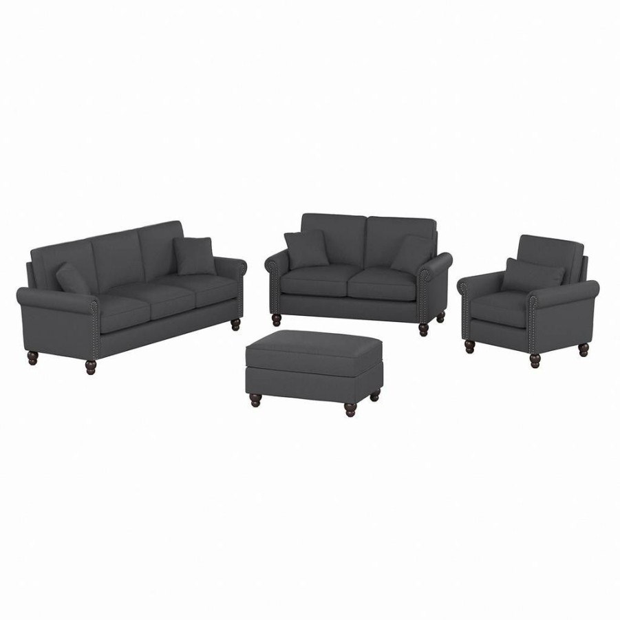 Living & Family Room Furniture * | Exclusive Design Bush Furniture Coventry 85W Sofa With Loveseat, Accent Chair, And Ottoman In Charcoal Gray Herringbone Bush Furniture Cvn020Cgh