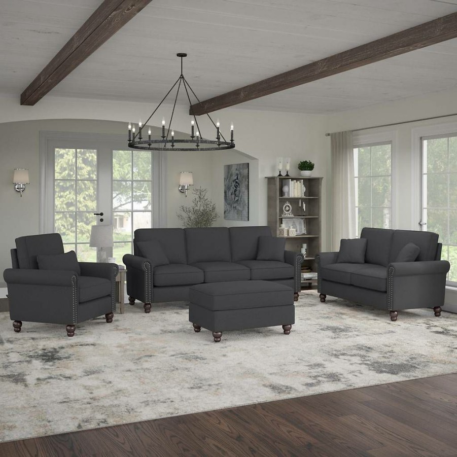 Living & Family Room Furniture * | Exclusive Design Bush Furniture Coventry 85W Sofa With Loveseat, Accent Chair, And Ottoman In Charcoal Gray Herringbone Bush Furniture Cvn020Cgh