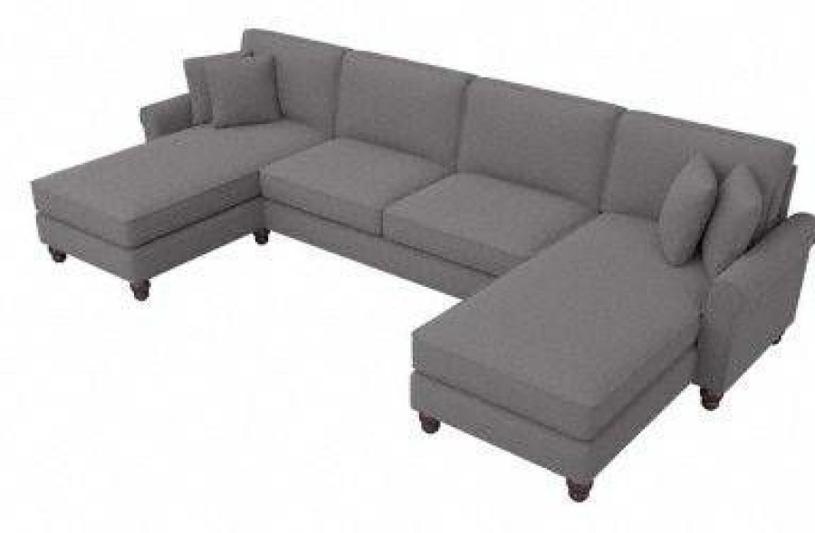 Living & Family Room Furniture * | Classical Bush Furniture Hudson 131W Sectional Couch With Double Chaise Lounge In French Gray Herringbone Bush Furniture Hdy130Bfgh-03K