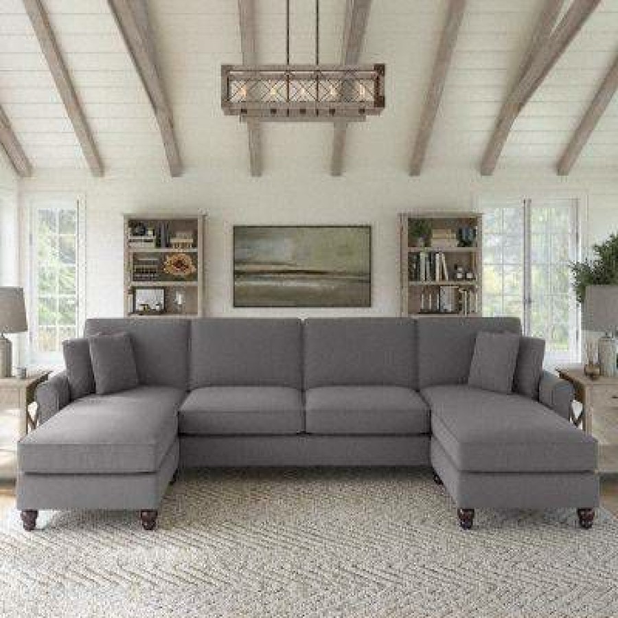 Living & Family Room Furniture * | Classical Bush Furniture Hudson 131W Sectional Couch With Double Chaise Lounge In French Gray Herringbone Bush Furniture Hdy130Bfgh-03K