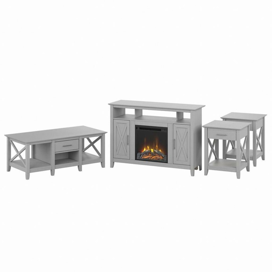 Living & Family Room Furniture * | Limited Edition Bush Furniture Key West Tall Electric Fireplace Tv Stand With Coffee Table And End Tables In Cape Cod Gray Bush Furniture Kws072Cg