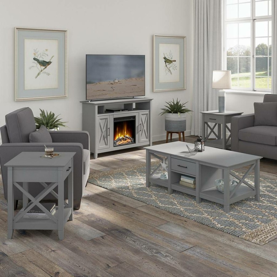 Living & Family Room Furniture * | Limited Edition Bush Furniture Key West Tall Electric Fireplace Tv Stand With Coffee Table And End Tables In Cape Cod Gray Bush Furniture Kws072Cg