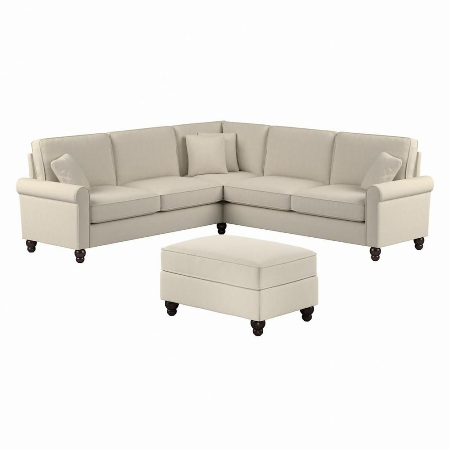 Living & Family Room Furniture * | Quick Delivery Bush Furniture Hudson 99W L Shaped Sectional Couch With Ottoman In Cream Herringbone Bush Furniture Hdn003Crh