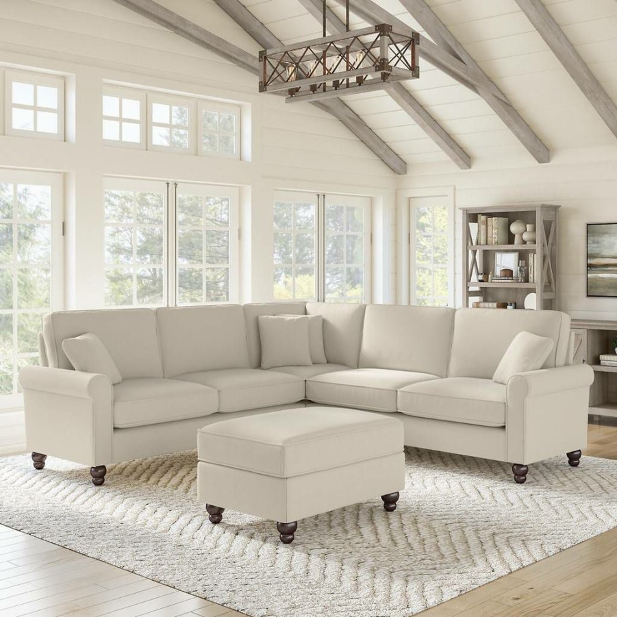 Living & Family Room Furniture * | Quick Delivery Bush Furniture Hudson 99W L Shaped Sectional Couch With Ottoman In Cream Herringbone Bush Furniture Hdn003Crh