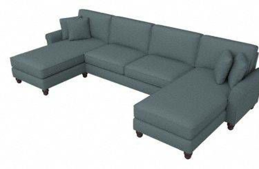 Living & Family Room Furniture * | Clearance Sale Bush Furniture Hudson 131W Sectional Couch With Double Chaise Lounge In Turkish Blue Herringbone Bush Furniture Hdy130Btbh-03K