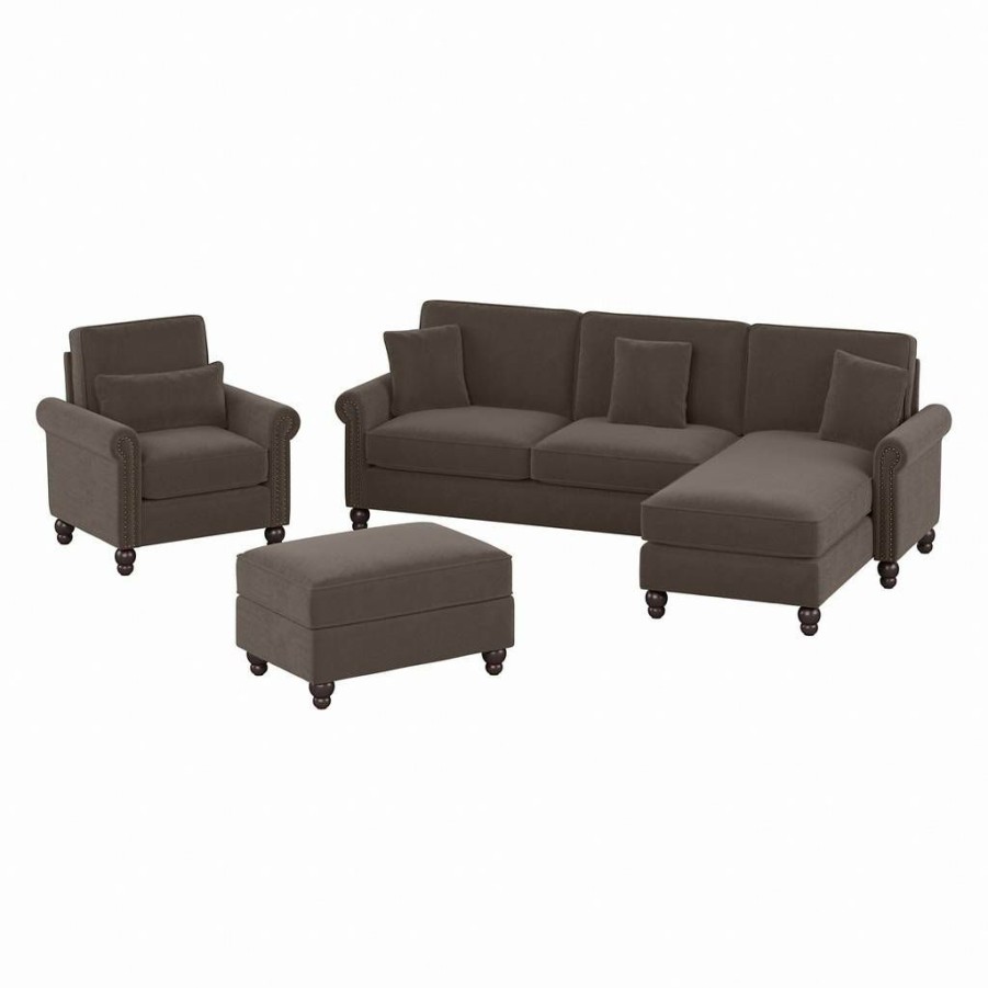 Living & Family Room Furniture * | Wholesale Bush Furniture Coventry 102W Sectional Couch With Reversible Chaise Lounge, Accent Chair, And Ottoman In Chocolate Brown Microsuede Bush Furniture Cvn021Cbm