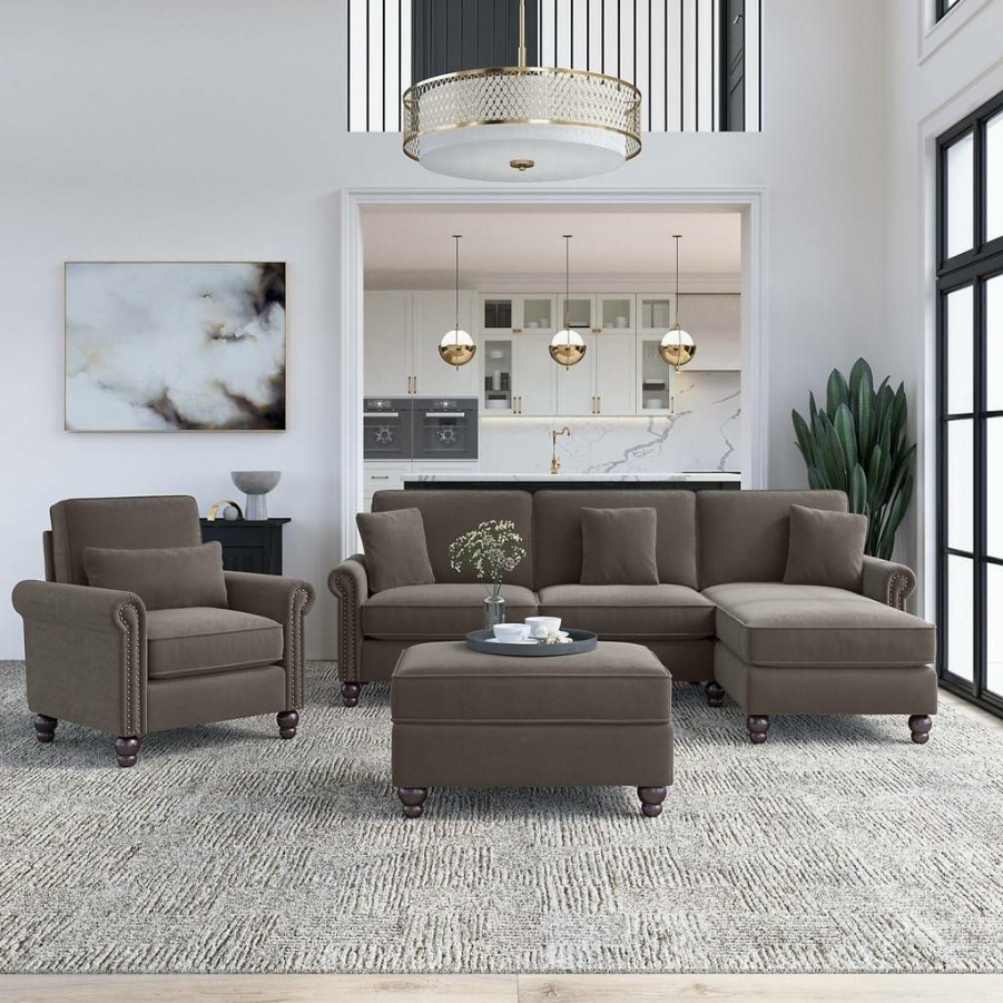 Living & Family Room Furniture * | Wholesale Bush Furniture Coventry 102W Sectional Couch With Reversible Chaise Lounge, Accent Chair, And Ottoman In Chocolate Brown Microsuede Bush Furniture Cvn021Cbm