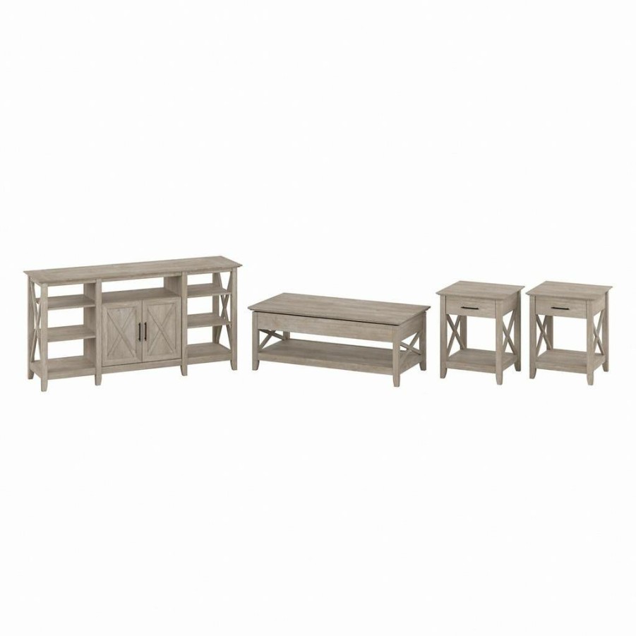 Living & Family Room Furniture * | Wholesale Bush Furniture Key West Tall Tv Stand With Lift Top Coffee Table Desk And End Tables In Washed Gray Bush Furniture Kws078Wg