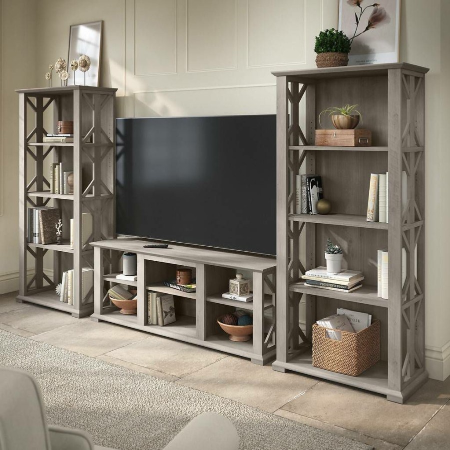 Living & Family Room Furniture * | Clearance Sale Bush Furniture Homestead Farmhouse Tv Stand For 70 Inch Tv With 4 Shelf Bookcases In Driftwood Gray Bush Furniture Hot012Dg