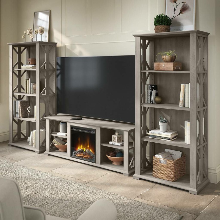 Living & Family Room Furniture * | Promotions Bush Furniture Homestead Farmhouse Tv Stand For 70 Inch Tv With Fireplace Insert And 4 Shelf Bookcases In Driftwood Gray Bush Furniture Hot014Dg