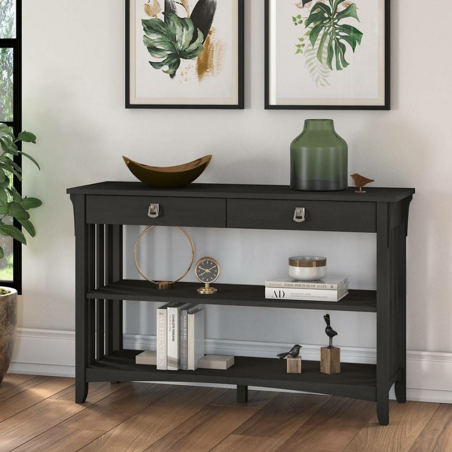 Living & Family Room Furniture * | Featured Salinas Console Table With Drawers And Shelves In Vintage Black Bush Furniture Sat148Vb-03