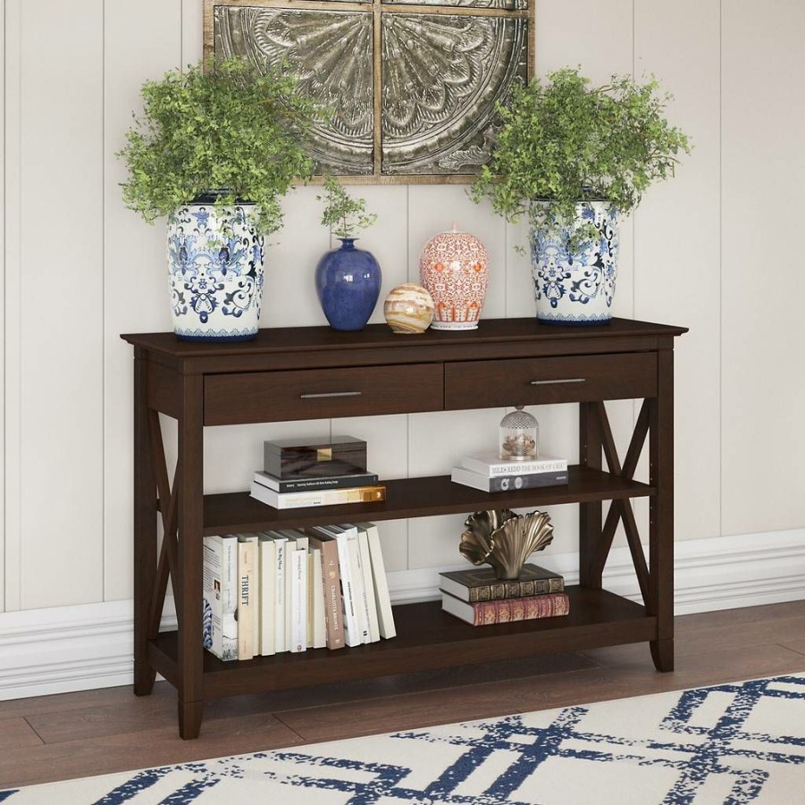 Living & Family Room Furniture * | Hot Sell Key West Console Table With Drawers And Shelves In Bing Cherry Bush Furniture Kwt248Bc-03