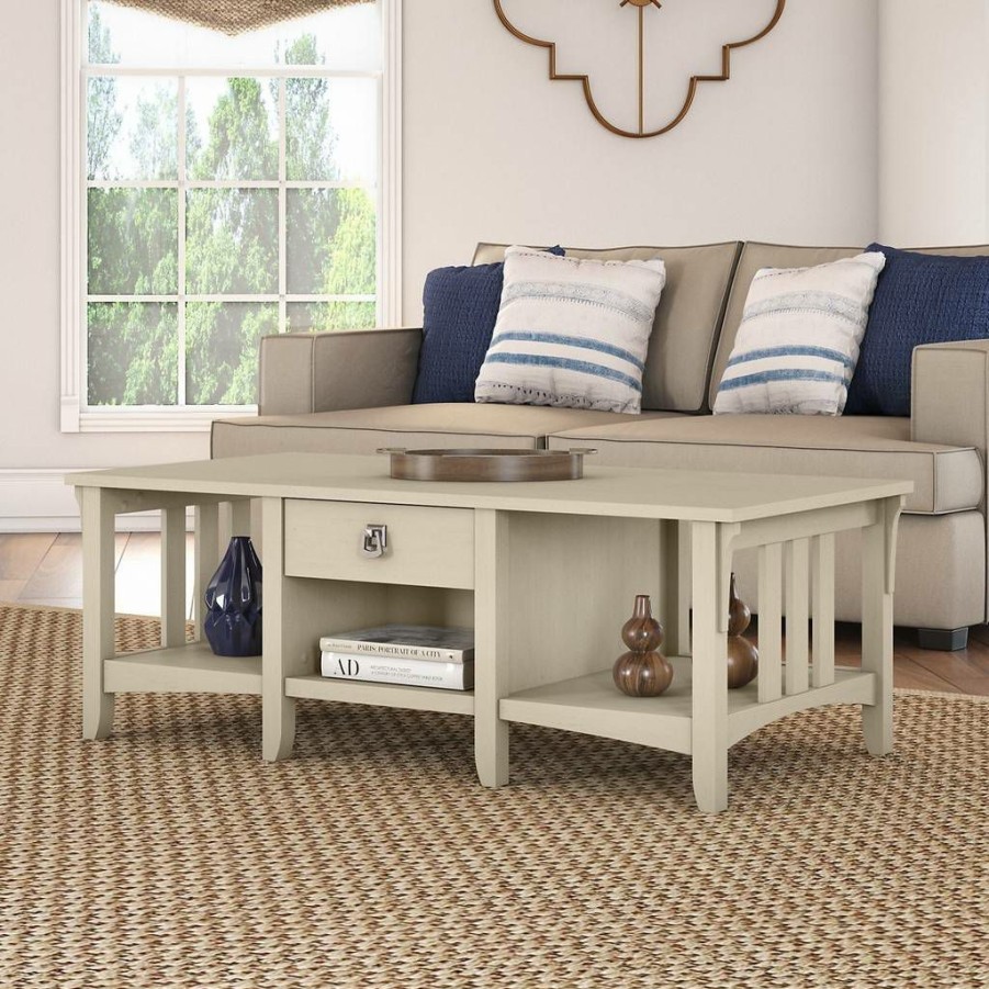 Living & Family Room Furniture * | Promotions Salinas Coffee Table With Storage In Antique White Bush Furniture Sat248Aw-03