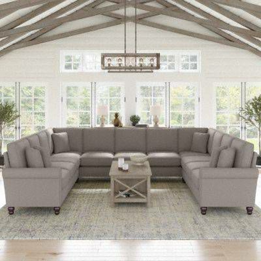 Living & Family Room Furniture * | Hot Sale Bush Furniture Hudson 137W U Shaped Sectional Couch In Beige Herringbone Bush Furniture Hdy135Bbgh-03K