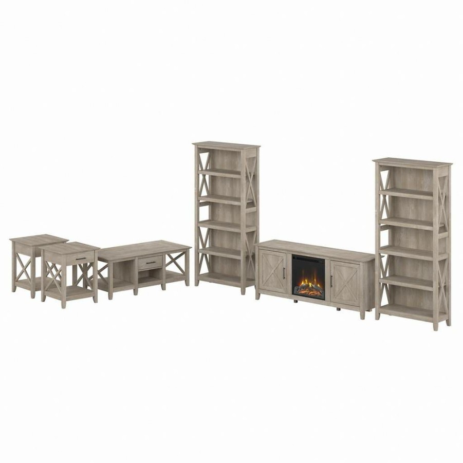 Living & Family Room Furniture * | Promotions Bush Furniture Key West Electric Fireplace Tv Stand With Bookcases And Living Room Table Set In Washed Gray Bush Furniture Kws073Wg