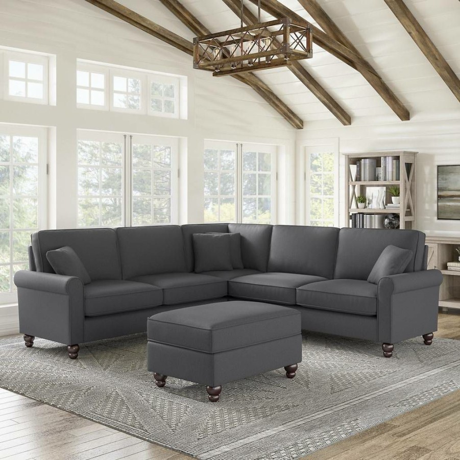 Living & Family Room Furniture * | Shoping Bush Furniture Hudson 99W L Shaped Sectional Couch With Ottoman In Charcoal Gray Herringbone Bush Furniture Hdn003Cgh