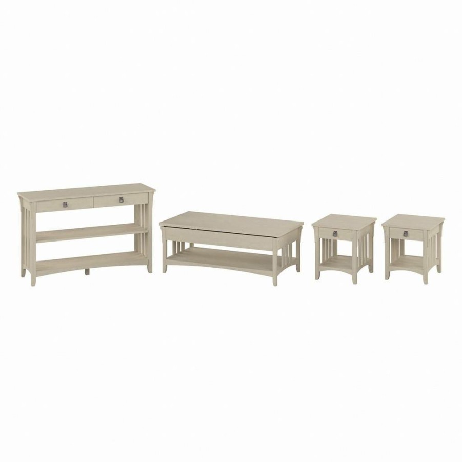 Living & Family Room Furniture * | Clearance Sale Bush Furniture Salinas Lift Top Coffee Table Desk With Console Table And End Tables In Antique White Bush Furniture Sal073Aw