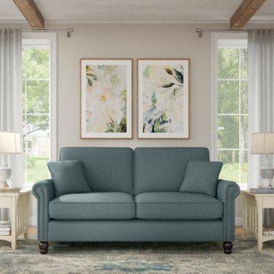 Living & Family Room Furniture * | Wholesale Bush Furniture Coventry 73W Sofa In Turkish Blue Herringbone Bush Furniture Cvj73Btbh-03K